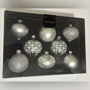 Robert Stanley SILVER Bauble Christmas Ornaments Glass Ornate Set of 8 NEW